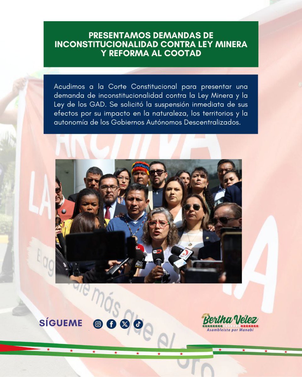 BERTHAVELEZ's tweet image. 📌 Esta semana seguimos defendiendo al Ecuador desde la Asamblea Nacional.

Presentamos demandas de inconstitucionalidad contra la Ley Minera y la Ley de los #GAD, alertamos sobre el impacto de los aranceles del Gobierno en los productores de plátano de El Carmen y enfrentamos