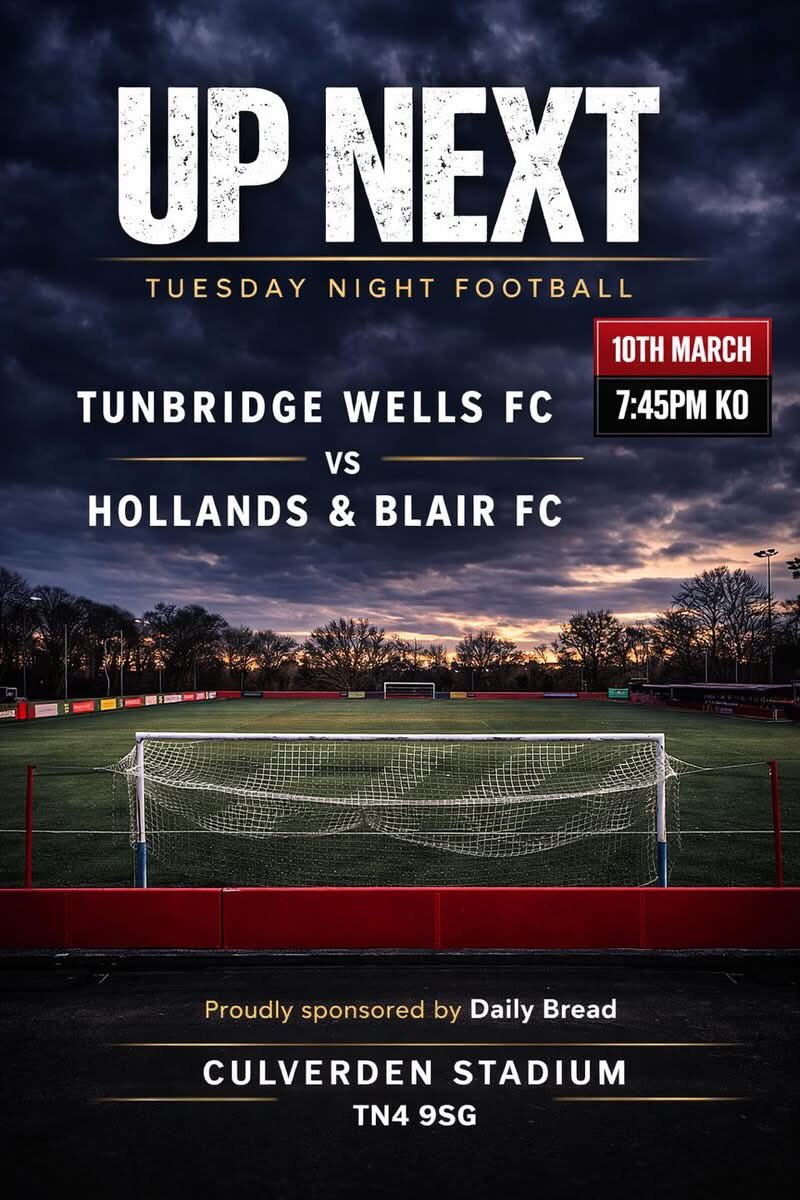 Tun_Wells_FC's tweet photo. 🔜 UP NEXT

Tuesday night football returns to Culverden Stadium as we host Hollands &amp; Blair FC under the lights.

🗓 10th March
⏰ 7:45PM KO

Come down and get behind the Wells!

📍 Culverden Stadium, TN4 9SG
🤝 Proudly sponsored by Daily Bread https://t.co/meLMEbtJFE