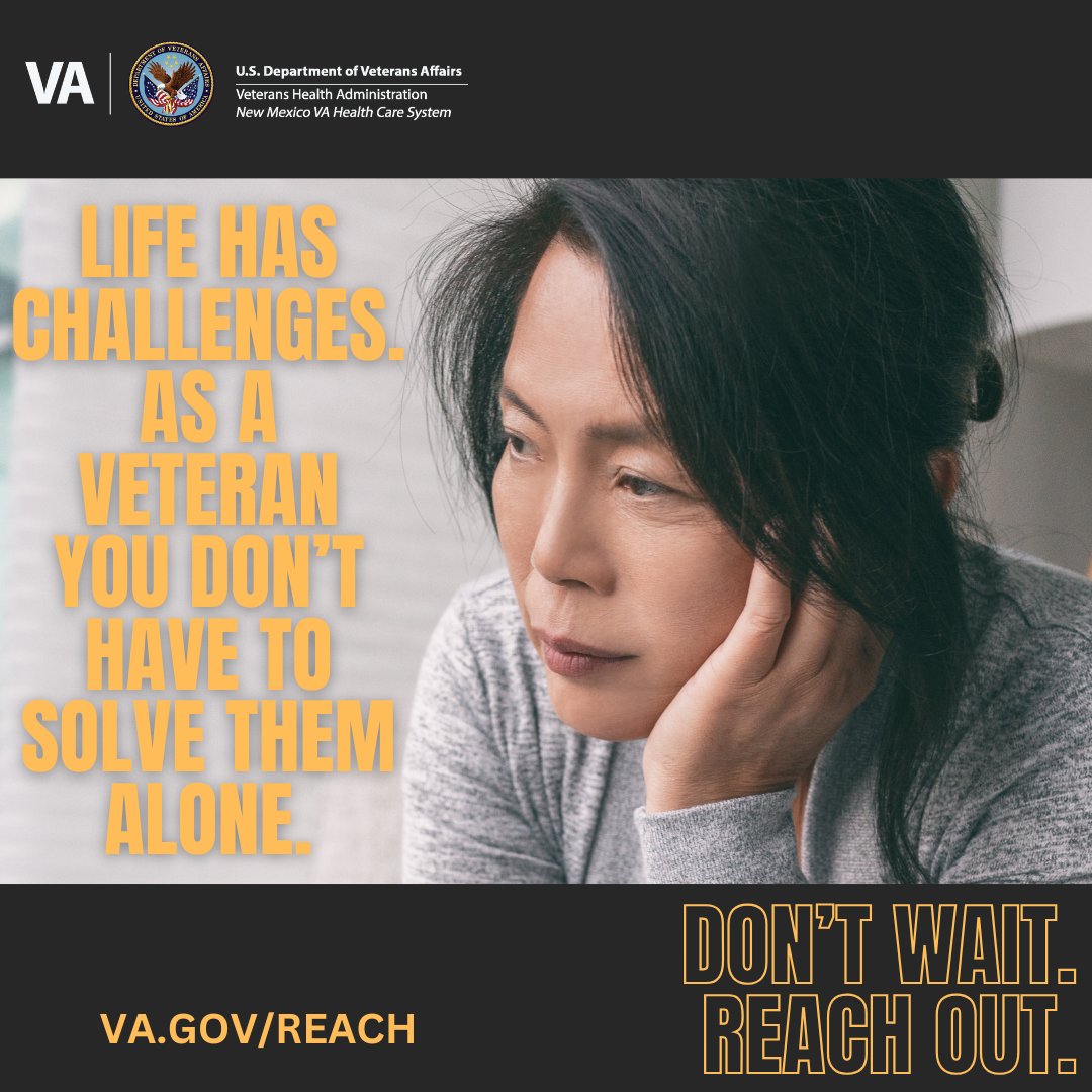 VANewMexico's tweet image. How are you feeling today? Don't Wait Reach Out.
The New Mexico VA Is here to help all Veterans have access to valuable VA resources for mental health support. 
Connect with your primary care team today! Dial 505-265-1711 and press option 2.
#NMVA #Veterans #StressManagement
