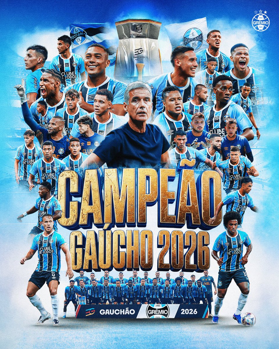 O RIO GRANDE É AZUL, PRETO E BRANCO! Como deve ser! 🔵⚫️⚪️ Depois de dois jogos em que o adversário não viu a cor da bola, vencemos as finais do #Gauchão2026 pelo placar agregado de 4x1. Hoje, o gol Tricolor na casa do rival veio pelos pés do Gustavo Martins. Comemora,