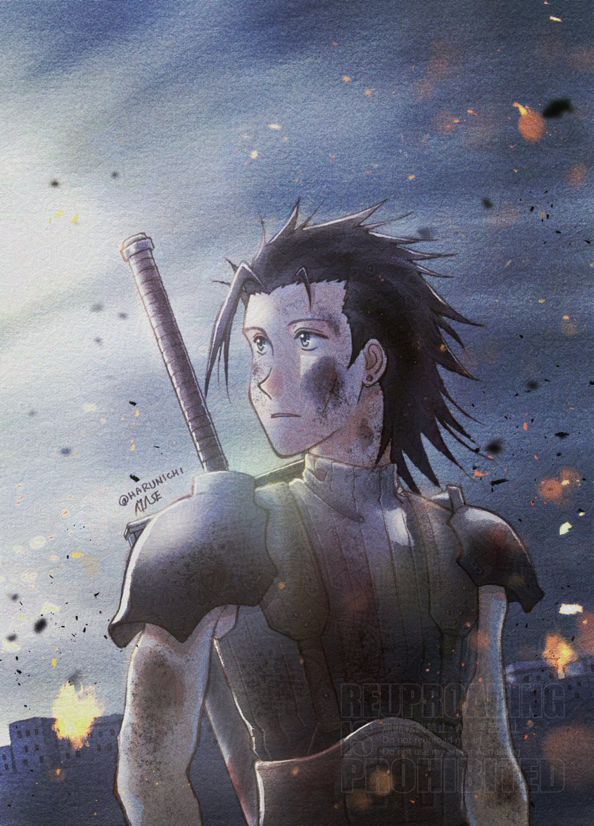 本日3/9はザックスの日❣️
HAPPY ZACK'S DAY!🥰
一生懸命イラスト描いてますが、とりあえず過去絵をUP！ 
「戦場のザックス」。ソルジャーとしての☀を一度描いてみたくて描いた絵です。
新作絵は果たして間に合うのか？💦
#ザックスの日