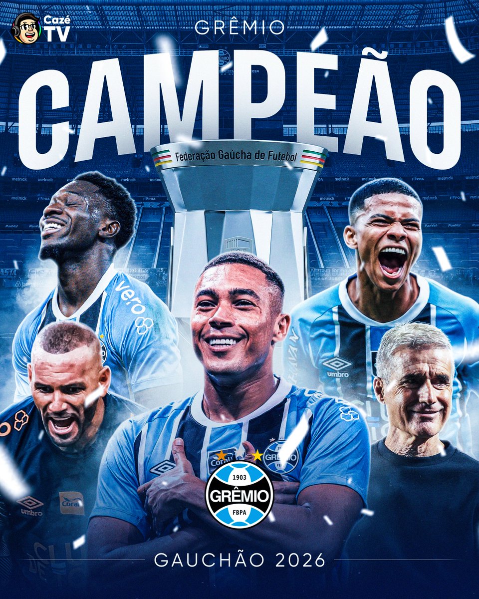 CazeTVOficial's tweet photo. O RIO GRANDE DO SUL É TRICOLOR! 🇪🇪🏆

O GRÊMIO GOLEOU O INTER NO AGREGADO NO GRENAL E FICOU COM A TAÇA DO GAUCHÃO 2026! 🏆

#CoberturaCazéTV #CampeonatoGaúcho #Grêmio #Internacional https://t.co/wOjvdr3Aii