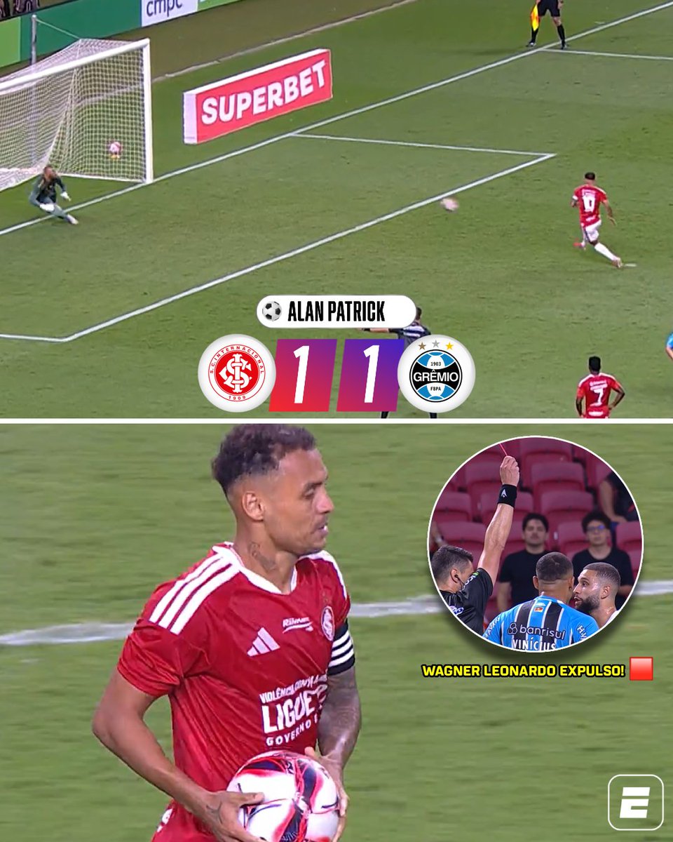 SportsCenterBR's tweet photo. ALAN PATRICK EMPATA O JOGO! 👀
Após cotovelada na área e expulsão de Wagner Leonardo, o camisa 10 do internacional converteu e empatou a final para o Internacional! Ainda dá torcedor?
#FutebolNaESPN #Grenal #AlanPatrick https://t.co/p7nCoc9741