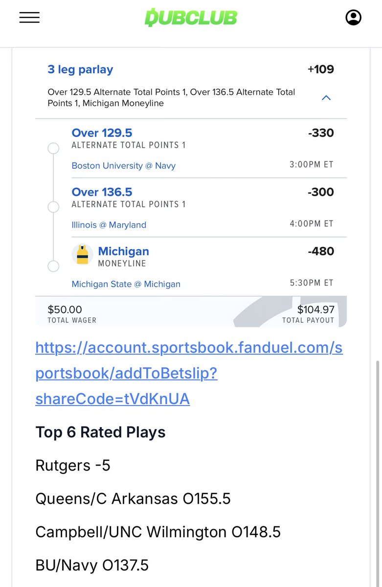 BigToney8's tweet photo. BOOM!!! Figured we hit both yesterday so why not another day of two NCAAB builders @DubClub_win!! 💰
$50-----> $104 ✅✅✅
Link below ⬇️
https://t.co/XGxZ0TTkCs…
#NCAAPicks #GamblingTwitter #MarchMadness https://t.co/mTR1P3CBJM