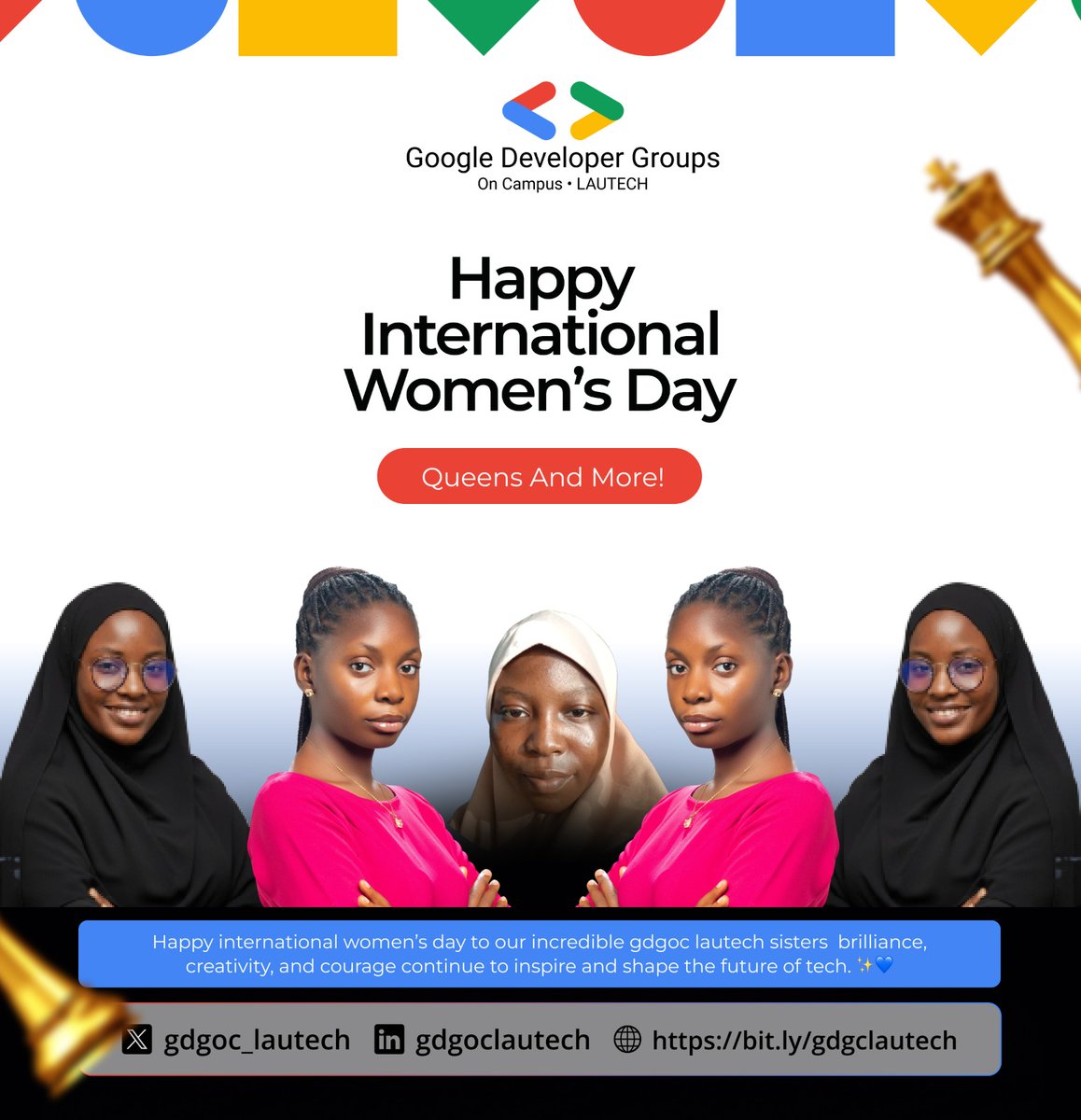 gdgoc_lautech's tweet photo. HAPPY IWD TO OUR QUEENS AND MORE!

 Today, we’re shouting from the rooftops (and the servers) to celebrate the incredible women of GDGoC LAUTECH! 🚀💻

They say the future of tech is female.

#IWD2026 #GDGoCLAUTECH #QueensAndMore #WomenInSTEM #TechSisters #LAUTECHBuilders https://t.co/h1JaPYXATL