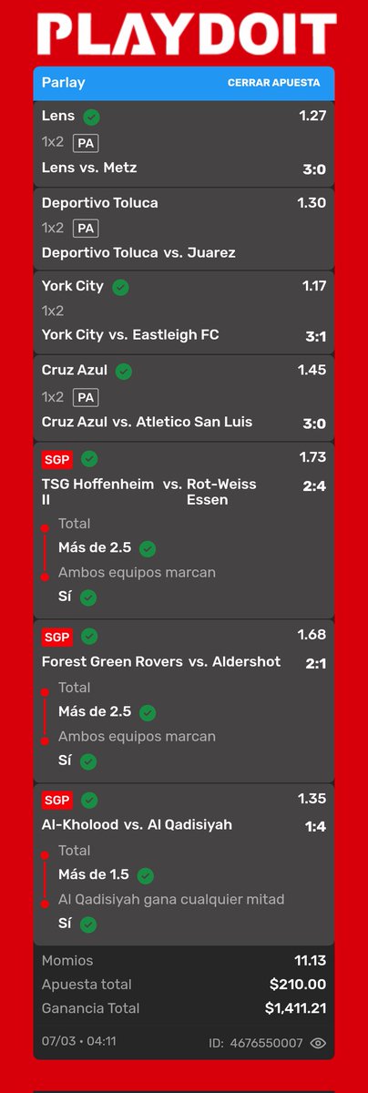 Parlay cerrado señores.

A lo mejor me equivoco pero esa alineación alterna de Toluca no me gusta nada 

Prefiero ganar que caérme al vacío por ambicioso