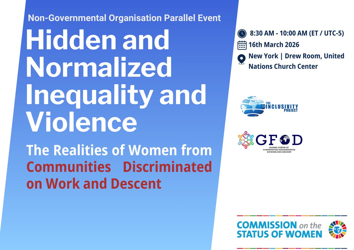 the_inclusivity's tweet photo. 📣 Join us on Monday!

Hidden and Normalized Inequality and Violence: The Realities of Women from Communities Discriminated on Work and Descent.

🗓 16 March | 8:30 AM EDT | Drew Room, UN Church Center

#GenderEquality #HumanRights #ForAllWomenandGirls

@CastoutSlavery https://t.co/d46fp4pM7s