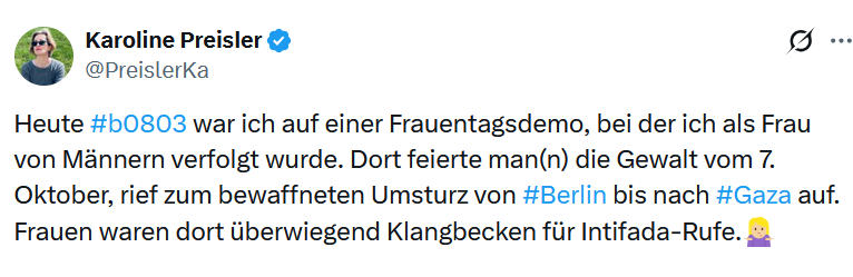 Mausebaer17's tweet photo. Karoline Preisler, Kandidatin der FDP bei der Wahl zum Berliner Abgeordnetenhaus, fühlt sich am Frauentag von Männern verfolgt. 🤣Die "Feministin" bezeichnet Frauen als Klangbecken. Augen auf bei der Wahl zum Abgeordnetenhaus! 🤣Von Berlin bis nach #Gaza, yalla #Intifada! #b0803 https://t.co/b88UDyDI4w