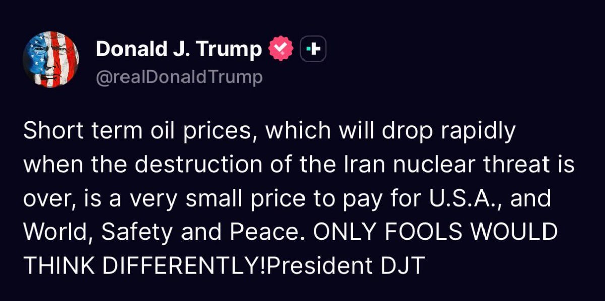 🇺🇸🚨🚨🚨 عااااااااااجل 🚨🚨🚨🇮🇷
⚡️ — #ترامب عبر منصة تروث سوشيال:

هذا ارتفاع أسعار #النفط 🛢 على المدى القصير، والذي سيتسارع للانخفاض بمجرد زوال التهديد النووي الإيراني💣 ، ثمن زهيد للغاية مقابل أمن وسلامة الولايات المتحدة الأمريكية والعالم.

لا يظن غير ذلك إلا الحمقى!