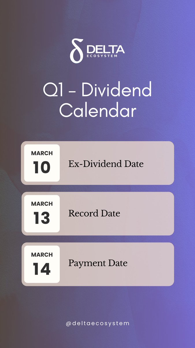 Dates for Q1 dividends are out!

You have only a few more days to provide liquidity to the main Delta-USDC pool and qualify for the first quarter airdrop.

Key Dates to Remember:
1. Ex-Dividend Date: The final date to acquire LP tokens to be eligible for the distribution.
2.