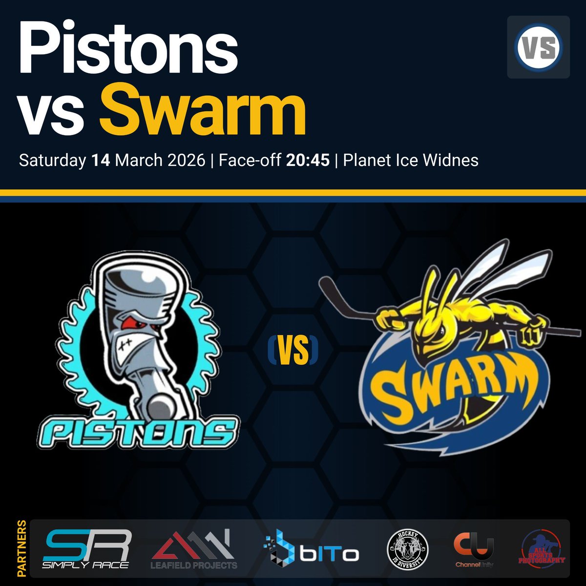 Next weekend, Swarm make the short trip to Widnes to face Pistons for the first time in a B team challenge match.
🆚 Cheshire Pistons 
📍 Planet Ice Widnes
📅 Saturday 14 March 2026
🕘 Face-off 20:45
🐝🐝🐝
#MCRSWARM
