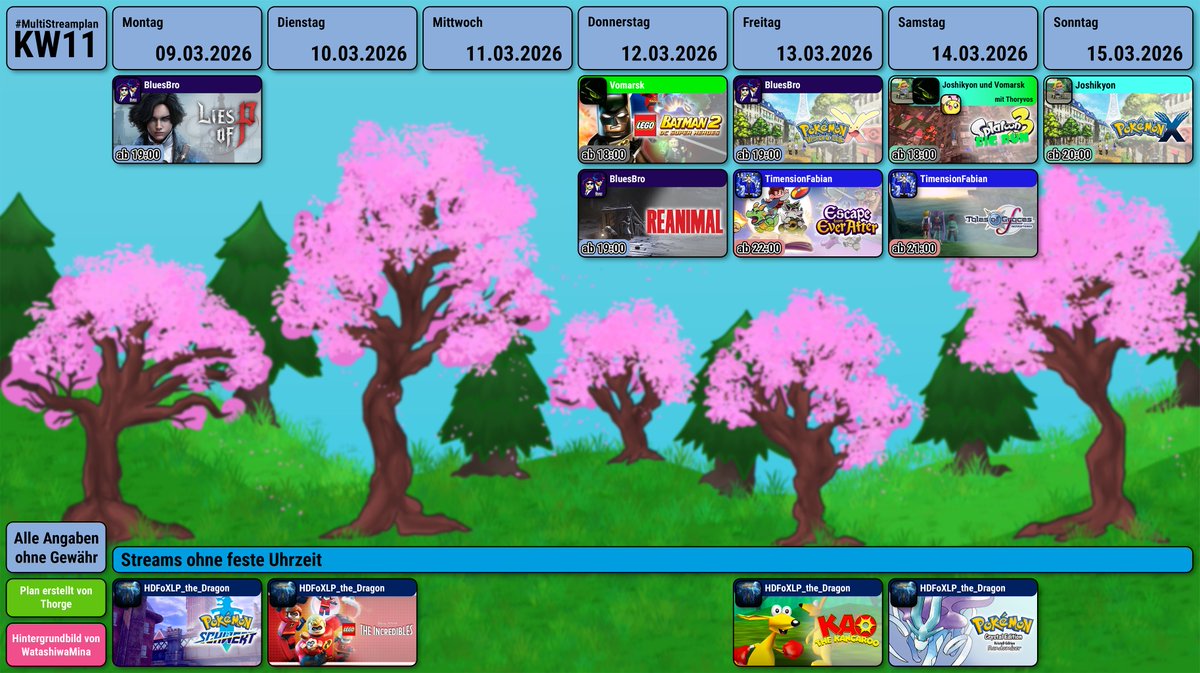 Hey hey Leute. Willkommen zum #MultiStreamplan der Kalenderwoche 11.
Auch diese Woche wieder mit <a href="/BluesBroStreams/">bluesb.ro/official</a>, <a href="/HDFoXLPDragon/">HDFoXLP the Dragon</a>, <a href="/Joshikyon11/">Joshikyon</a>, <a href="/TimensionFabian/">TimensionFabian</a>, und <a href="/vomarsk/">Vomarsk</a>.
Endlich mal wieder ein Originaler Text.
Naja, bis nächste Woche
- Thorge