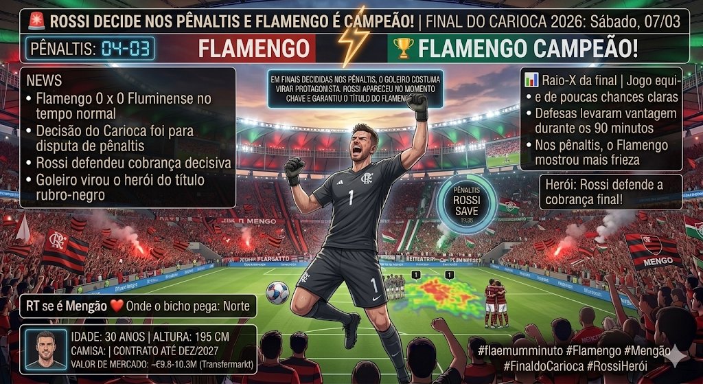 🚨 Rossi decide nos pênaltis e Flamengo é campeão

• Flamengo 0 x 0 Fluminense no tempo normal
• Decisão do Carioca foi para disputa de pênaltis
• Rossi defendeu cobrança decisiva
• Goleiro virou o herói do título rubro-negro

📊 Raio-X da final

• Jogo equilibrado e de