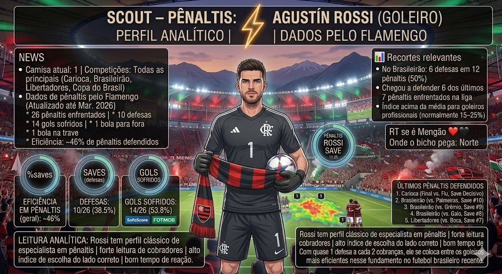 📊 Scout – Pênaltis de Agustín Rossi pelo Flamengo

Camisa atual: 1
Competições: Todas as principais (Carioca, Brasileirão, Libertadores, Copa do Brasil)

Dados de pênaltis pelo Flamengo

• 26 pênaltis enfrentados
• 10 defesas
• 14 gols sofridos
• 1 bola para fora
• 1 bola