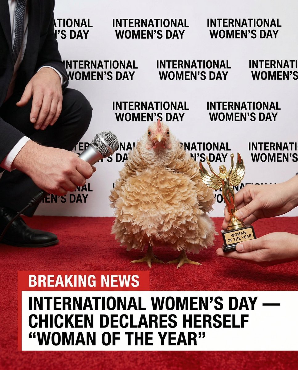 chickenbuysbawk's tweet photo. BREAKING NEWS: International Women's Day - Chicken Declares Herself "Woman of the Year".

Officials confirmed the award was not "meant for poultry," but "here we are."

#InternationalWomensDay #Satire #bawk #memecoin https://t.co/fsiPjMVhjt
