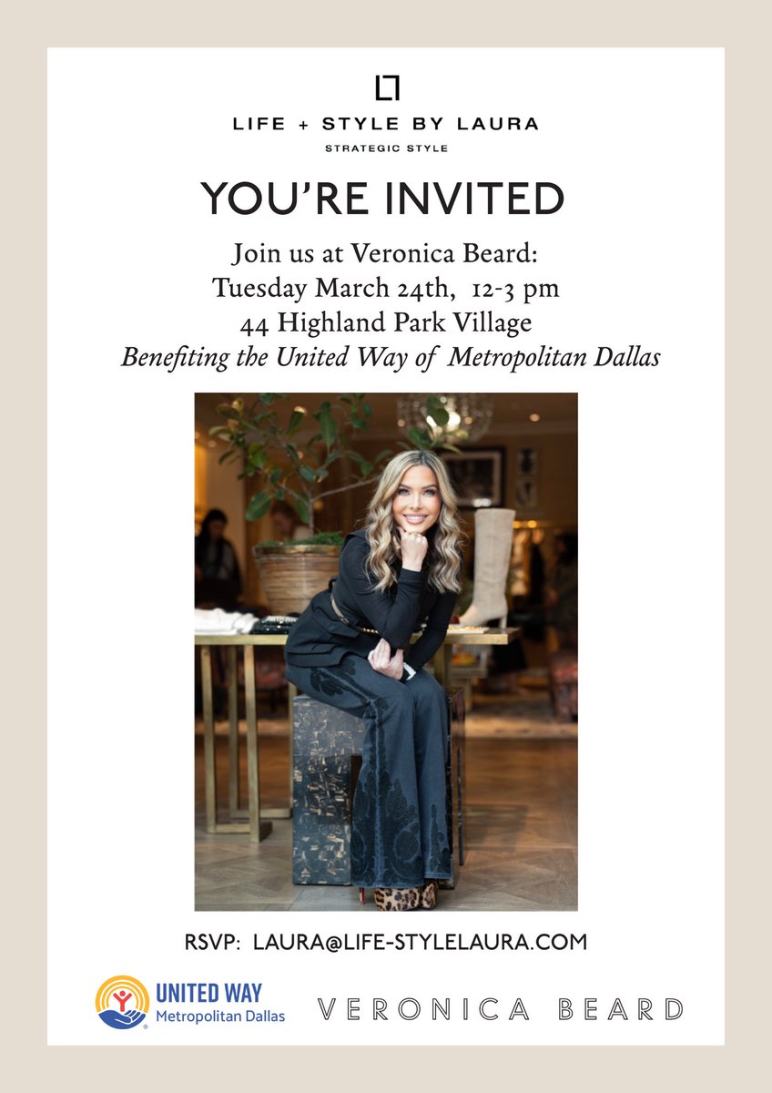 lifestylelaura's tweet photo. YOU’RE INVITED! Please join me Tues, March 24 from 12–3 PM at @veronicabeard Dallas for an afternoon of fashion, fun and champagne toasts.

Let’s enjoy the #spring VB collection while supporting the @UnitedWayDallas — because great style is even better when it gives back.

Cheers to spring and style w/ purpose. 🥂

#fashion #style #dallas