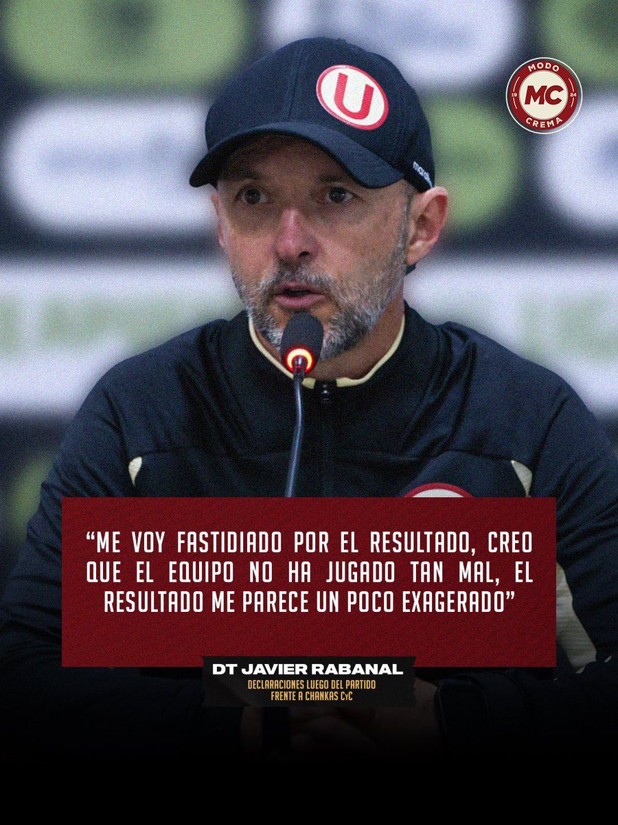Tras la dura caída de <a href="/Universitario/">Universitario</a> ante Los Chankas en Andahuaylas, el DT dejó sus sensaciones en conferencia de prensa. Pese a la derrota, Rabanal rescató aspectos del juego, aunque no ocultó su malestar por el marcador final.

#ModoCrema #VamosCremas #YdaleU