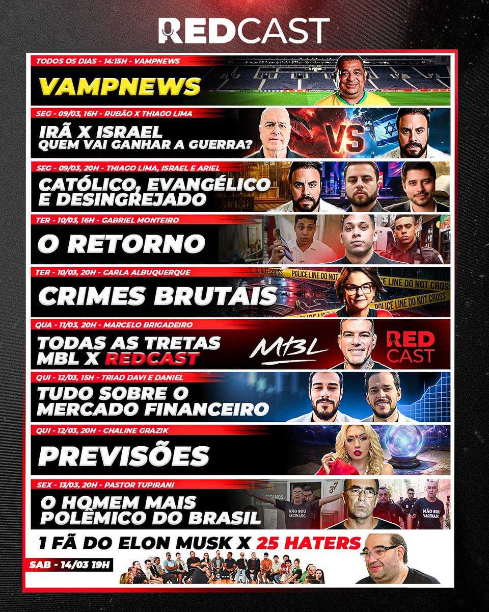 Agenda da semana do REDCAST tem novidades, agora o VAMPNEWS É DIÁRIO: de segunda a sexta às 14:15
