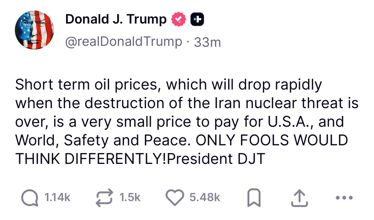 🇺🇸 JUST IN: President Trump says rising oil prices are a 'small price to pay' and will drop once the Iran nuclear threat is eliminated.