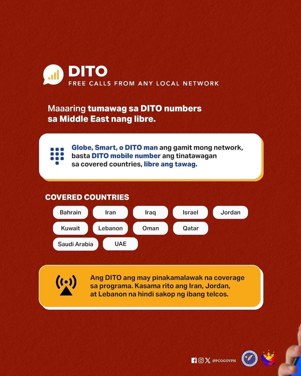pnagovph's tweet photo. JUST IN: President Ferdinand R. Marcos Jr. has ordered telecommunications companies to provide free communication services to #OFWs and their families amid the ongoing Middle East crisis. | Darryl John Esguerra

#IntegratedStateMedia
#ISM
#PhilippineNewsAgency https://t.co/r8KLz9KSLO