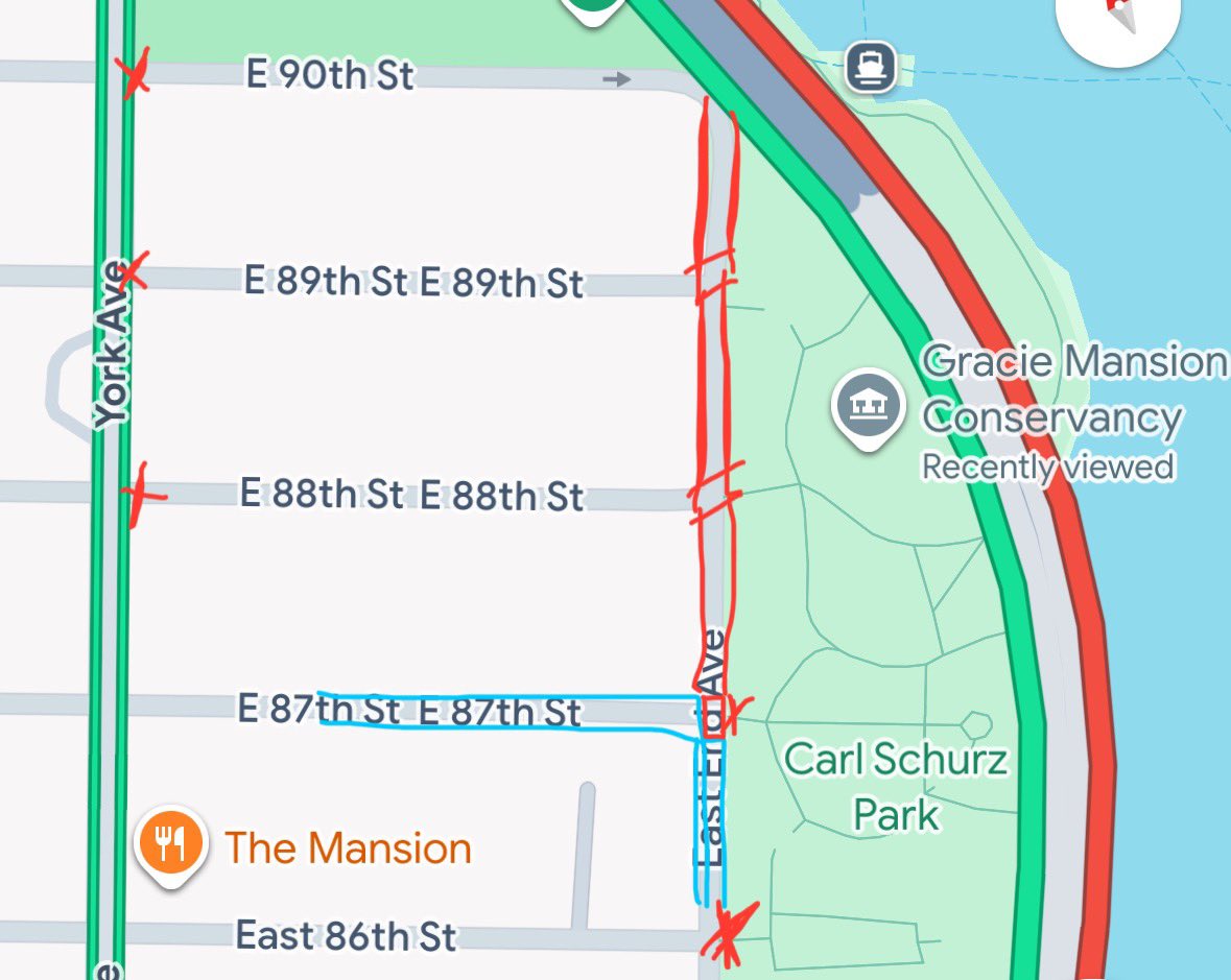 Hope this helps clarify things: NYPD froze all the blocks alongside Gracie, including inside the adjoining park.

Protestors were in 2 pens adjacent with a sidewalk area for press &amp; NYPD movement, a block down from Gracie. IED thrown from press sidewalk toward Nazi pen.