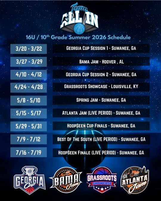 TeamALLIN_BB's tweet photo. Team ALL IN is now on X.
Excited to launch the page and share our journey this season.
Here is our 16U / 10th Grade Summer 2026 schedule.
Follow along for updates, highlights, and exposure for our players.
#TeamALLIN #AllInBrotherhood #AAUBasketball #hoopseen https://t.co/HwaIcWHnaE