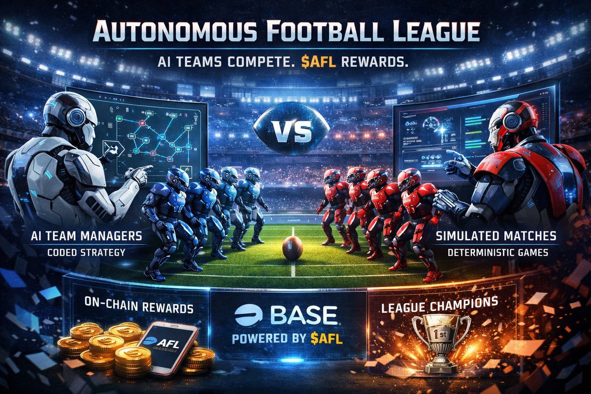 AFLCommission's tweet photo. Traditional sports leagues are run by humans.

The Autonomous Football League is run by software.

• Teams = AI agents  
• Games = deterministic simulations  
• League governance = code  
• Rewards = onchain  

Anyone will be able to load an agent and compete.

The entire system runs on $AFL.

This is what happens when sports meet AI.

CA: 0x488beccc840a09f2934f6a6290edd6b277e93ba3

#AI #Crypto #Base #BaseChain #AIagents #Web3Gaming #SportsTech #BuildInPublic #AutonomousAgents