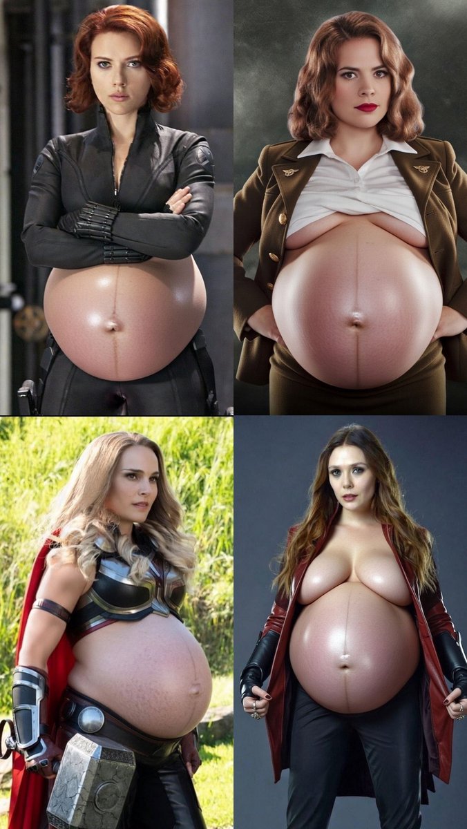 famousbelly's tweet photo. Marvel isn't going to post the women that made this franchise in the first place? Bullshit. Here's Black Widow, Peggy Carter, Jane Foster, and Scarlet Witch as beautiful pregnant women. https://t.co/3j2EWuzjxK