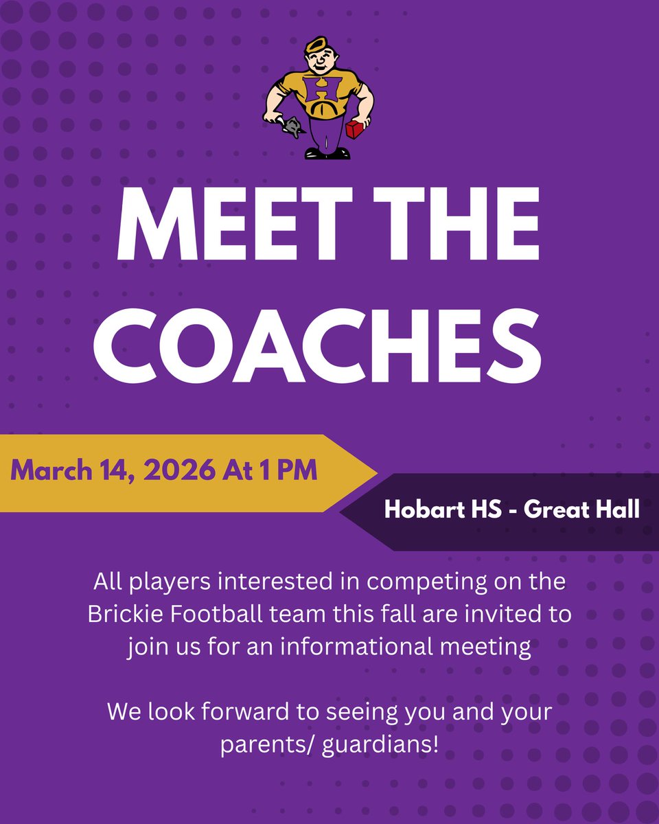 brickiesfb's tweet photo. Our annual Meet the Coaches night is on Saturday, March 14th at 1 PM! 

We will be introducing our staff, expectations for the season, calendar for the spring and summer as well as important fundraising information for the booster club! 

#EarnNovember #WorkWorkWork 🟨🟪🧱 https://t.co/krIW2nneJw