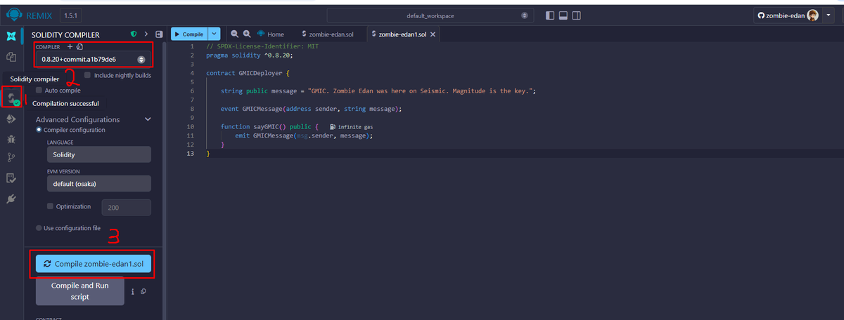 zombie_edn's tweet photo. SEISMIC TESTNET OFFICIALY LAUNCE

Just deployed my first smart contract on @SeismicSys.
And yeah… it worked smoothly

If U wanna try it too, here’s a quick tutorial

First, claim ur faucet here - https://t.co/Kgl0tl2aQi

Then open Remix IDE
https://t.co/q6VWcEfpvE

Create a new file:
gmic.sol

Paste this code:

// SPDX-License-Identifier: MIT
pragma solidity ^0.8.20;

contract GMICDeployer {

    string public message = "GMIC. (Ur Name) was here on Seismic. Magnitude is the key.";

    event GMICMessage(address sender, string message);

    function sayGMIC() public {
        emit GMICMessage(msg.sender, message);
    }
}

then compile the contract

Go/Click to Solidity Compiler in the right remix menu
Select version 0.8.20
Click Compile gmic.sol

Now connect to Seismic Testnet

Open/Click Deploy & Run Transactions in the right remix menu
Environment - Browser extension- Injected Provider (MetaMask)

Make sure ur wallet is connected to Seismic Testnet, u could get RPC here:
Explorer - https://t.co/1DPMqXdwb5

Deploy the contract.

Click Deploy
Approve the transaction in ur wallet.

After confirmation, ur contract is live on @SeismicSys  chain