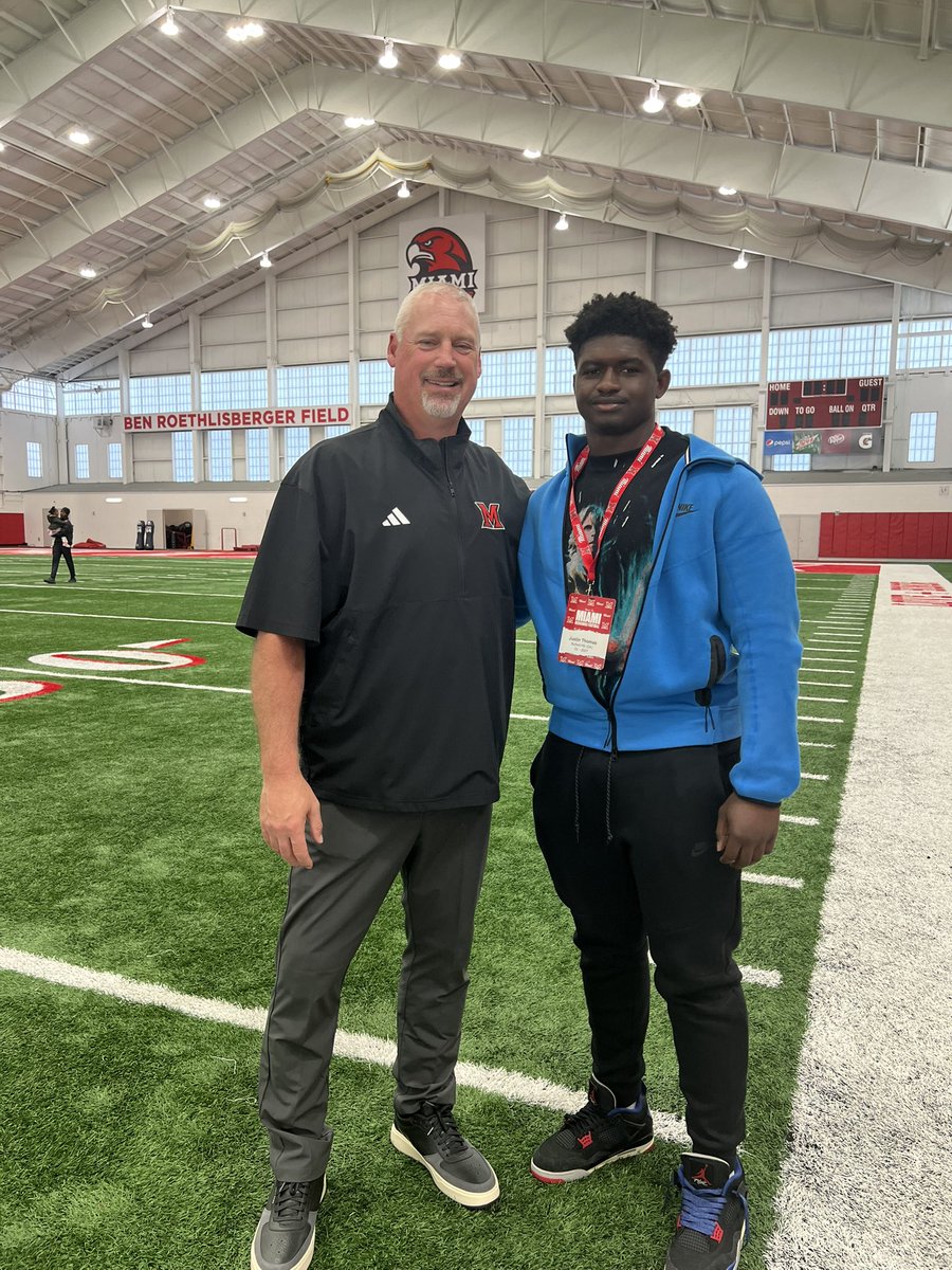 justinthom27's tweet photo. Great time on a visit today @MiamiOHFootball Appreciate the conversations @Martin_Miami_HC and @Coachjpatton. Enjoyed learning more about the program and looking forward to seeing you again soon.🙏🏽 @Coach_Davis22 @CoachApp35 https://t.co/2cmrknM9sv