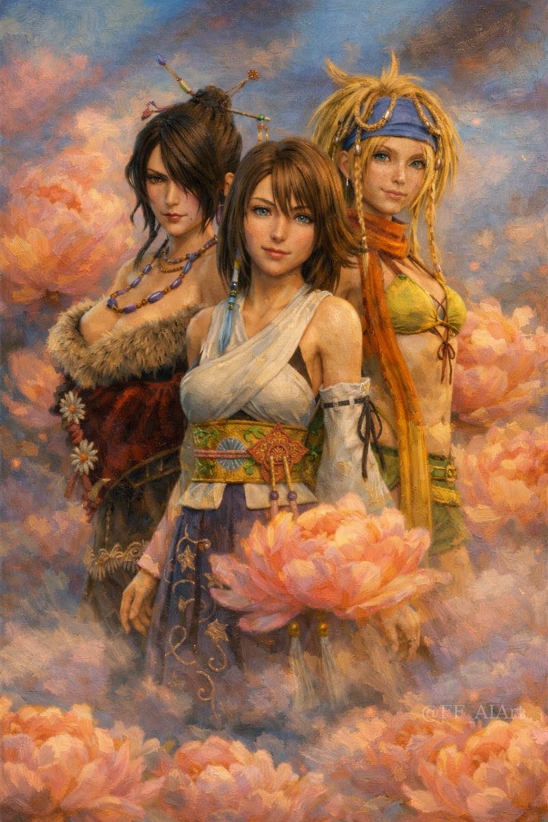FF_AIArt's tweet image. Light, wisdom and chaos.
The women of Spira.

Thanks to @Sreliata for inspiration ✨

#FinalFantasy #FFX #FF10 #Lulu #Rikku #Yuna