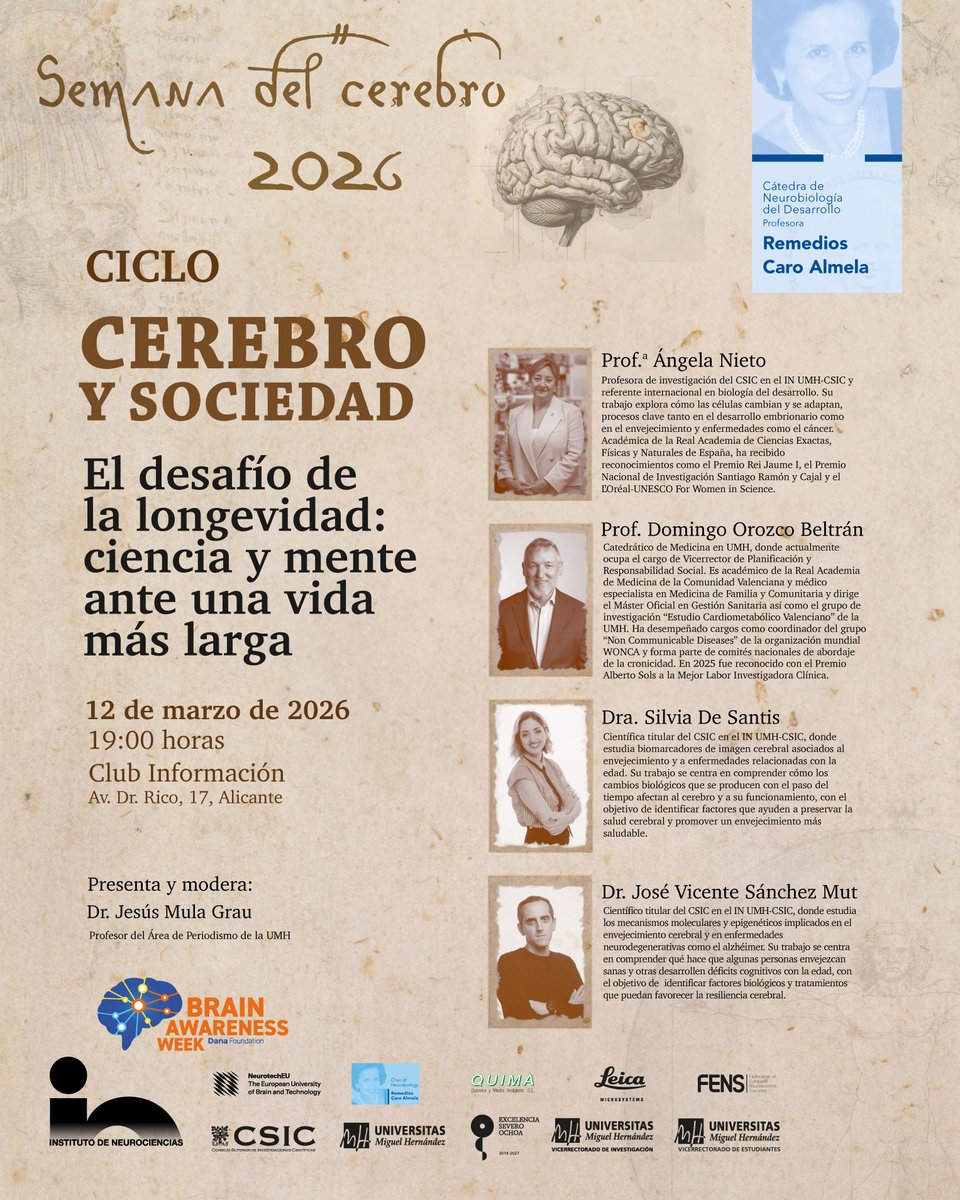 NeuroAlc's tweet photo. El @NeuroAlc y la Cátedra de Neurobiología Remedios Caro Almela organizan la mesa redonda del Ciclo Cerebro y Sociedad “El desafío de la longevidad: ciencia y mente ante una vida más larga”.
👉Sesión abierta hasta completar aforo
Os esperamos en el Club Información @BAW_Alicante https://t.co/3YgED9ngxI