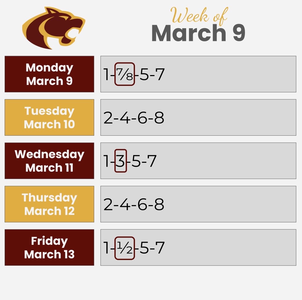 OaktonHS's tweet photo. Here’s the schedule for the week of March 9. Have a great week, Cougars! #Oaktoncalendar #WEAREOAKTON https://t.co/10MNiX2DiX