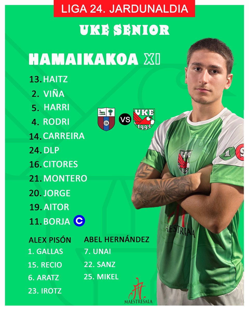📣Eta hemen da gaur Deriori aurre egiteko hasierako hamaikakoa!
--------
Y aquí está la alineación de hoy para enfrentarse al Derio.

AUPA URRE!!!💚🤍