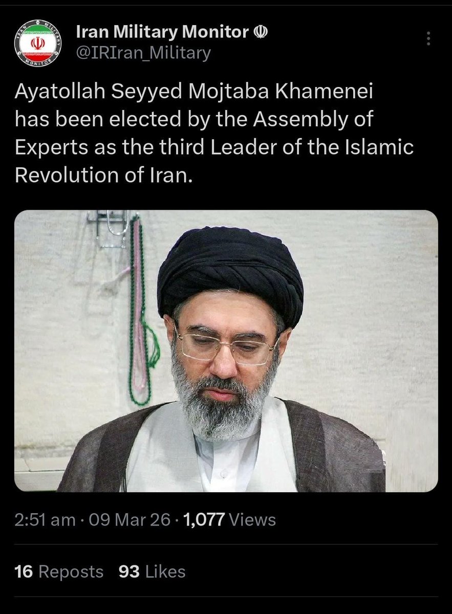 ta434588's tweet photo. Ayatollah Seyyed Mojtaba Khamenei, the second son of Ayatollah Seyyed  Ali Khamenei, has been named as Iran’s new Supreme Leader https://t.co/4QfmZKV2cE