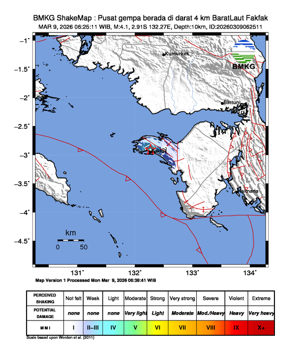 infoBMKG's tweet photo. #Gempa (UPDATE) Mag:4.1, 09-Mar-26 06:25:11 WIB, Lok:2.91 LS, 132.27 BT (Pusat gempa berada di darat 4 km BaratLaut Fakfak), Kedlmn:10 Km Dirasakan (MMI) III-IV Fak-fak #BMKG https://t.co/Whz6Z2cTo4