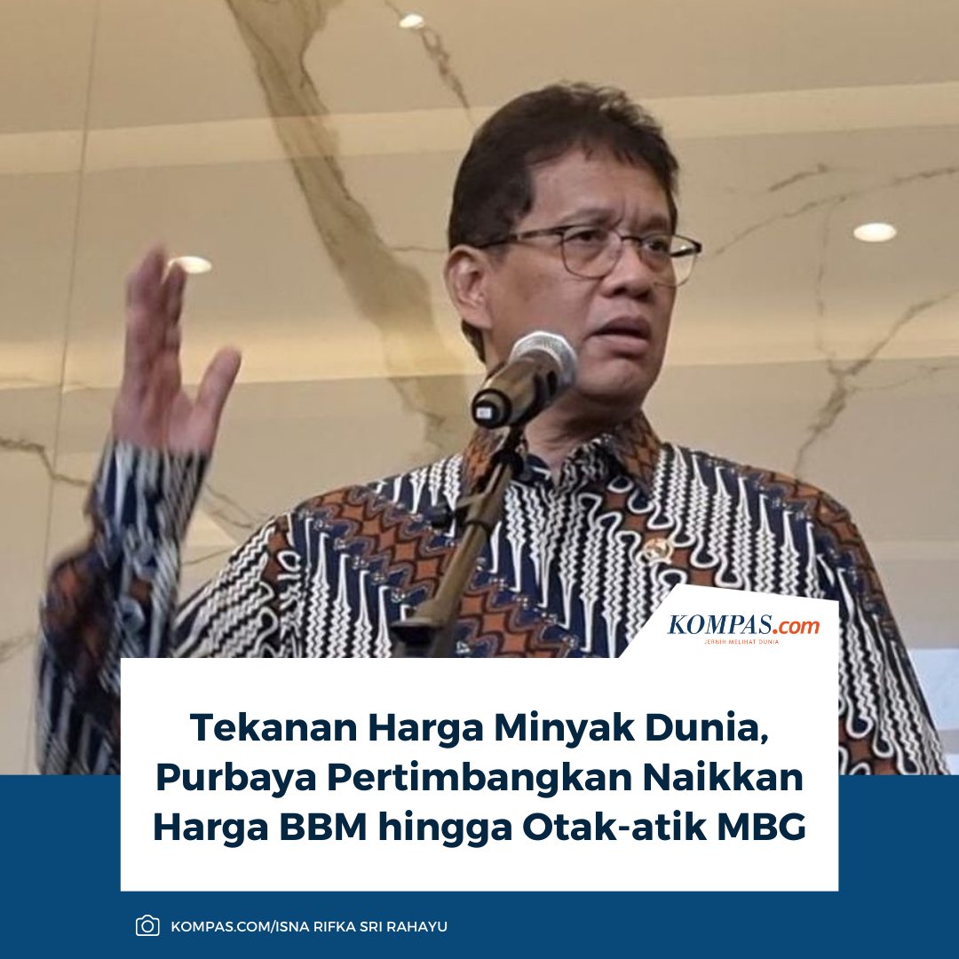 kompascom's tweet photo. Menteri Keuangan, Purbaya Yudhi Sadewa, menyatakan pemerintah tengah memantau situasi untuk menentukan langkah kebijakan. Jika harga minyak dunia terus melonjak dan menekan APBN, pemerintah membuka opsi penyesuaian harga BBM subsidi serta efisiensi anggaran program Makan Bergizi Gratis (MBG).

Baca di sini: https://t.co/iE4KdBKnrM

~TR #Purbaya #APBN #Efesiensi