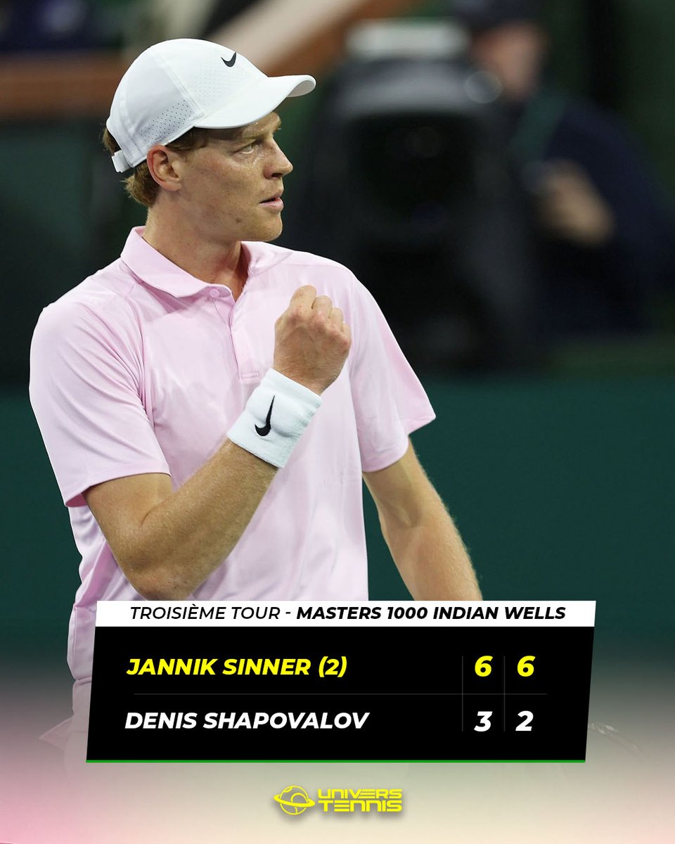 UniversTennis's tweet photo. SINNER SANS DIFFICULTÉ 👋

Jannik Sinner domine Denis Shapovalov et se qualifie pour les 1/8 de finale à Indian Wells.

Il égale Fabio Fognini pour le plus grand nombre de victoires en Masters 1000 (96) parmi les Italiens depuis la création de la catégorie en 1990. 🇮🇹