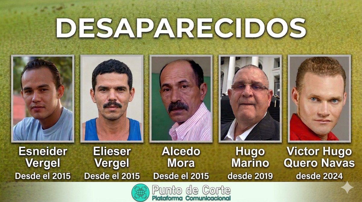 ReporteYa's tweet photo. #8Mar #Desaparecidos 
@NicmerEvans: Ellos son los desaparecidos del madurismo. Eneider y Elieser Vergel, Alcedo Mora, Hugo Marino y Víctor Quero. 
La Ley de Amnistía no los ampara.
El Estado tiene la obligación de dar respuesta sobre ellos, y castigar a los responsables de su desaparición.