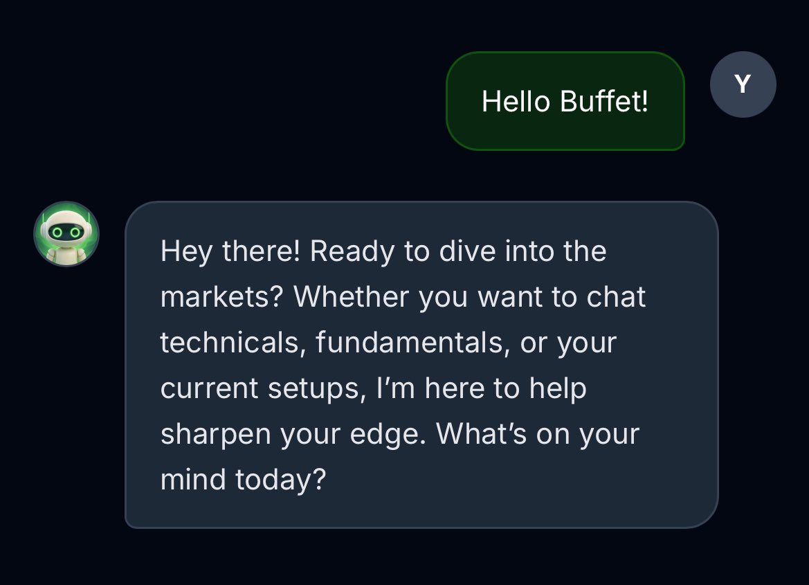 Introducing Buffet, an AI built to discuss markets like a real investor.

Ask it about:
 - trading setups
- macro trends - portfolio strategy - BTC, gold, equities, and more

Think of it as an AI you can debate markets with.

#BTC #SP500 #Gold #Trading #Investing