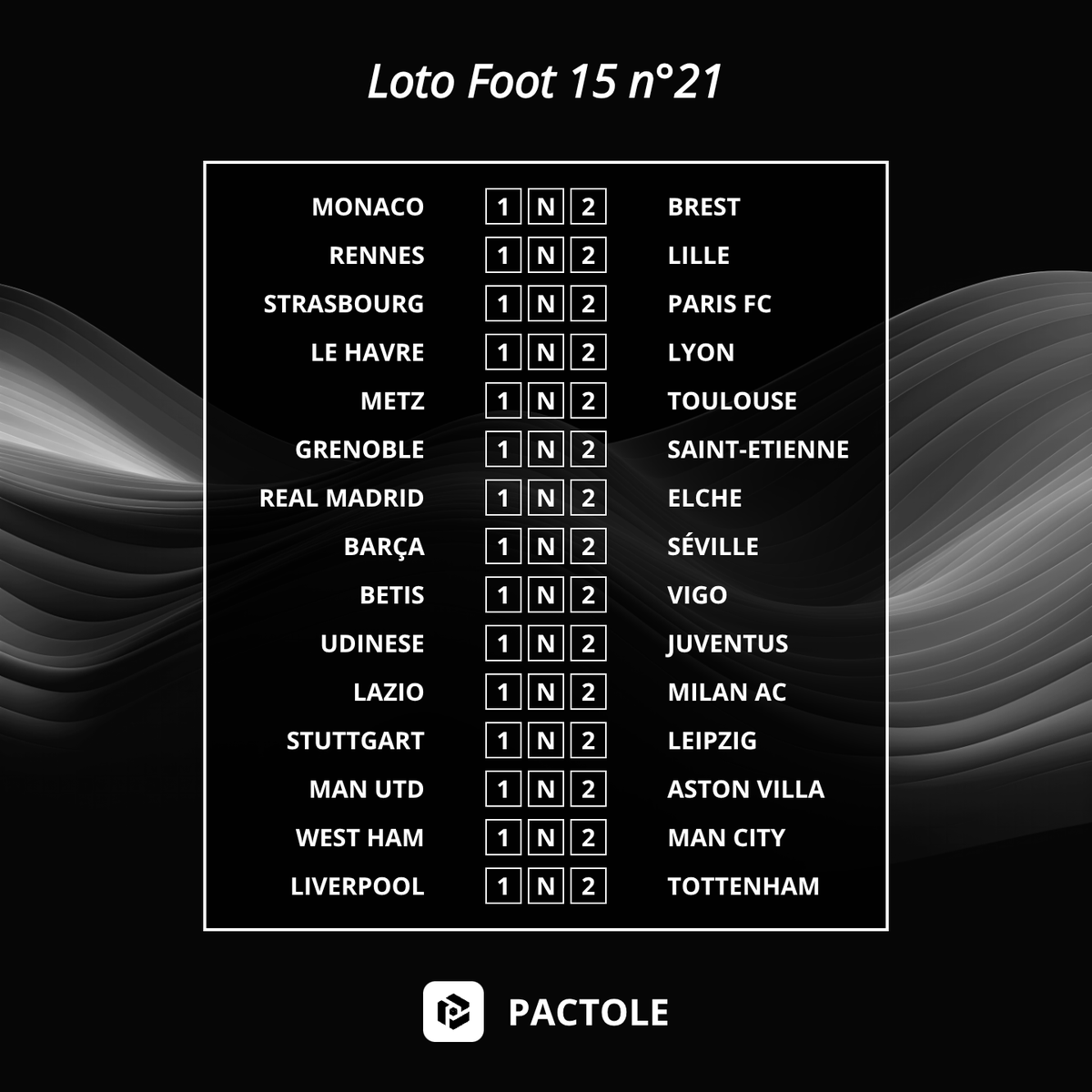 PactoleApp's tweet photo. ⚽ Loto Foot 15 n°21 est là ! 💰 1 000 000 € à gagner sur 15 matchs !

⏰ Date limite : sam. 14 mars à 18h55

🎯 Maximise tes chances avec Pactole, l'outil indispensable pour optimiser ta grille !

👉 https://t.co/9Sh67cR2yP

#LotoFoot #Pactole #PointDeVente #TeamParieur https://t.co/7FaiqhSoOS