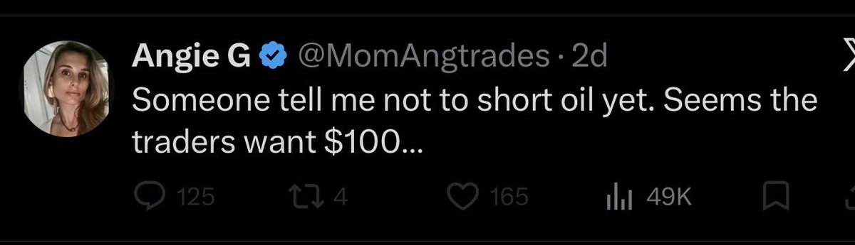 zenbetss's tweet photo. If you need someone to tell you not to short oil while war is breaking out in the Middle East, you have no business charging people for financial advice. https://t.co/Qy5EvquGFu