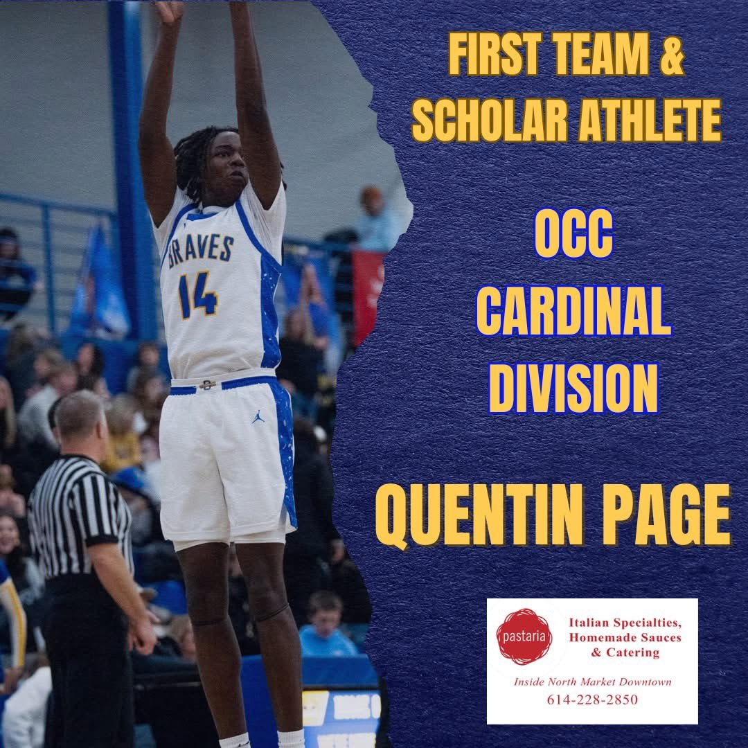 BravesOhs's tweet photo. Congratulations to Senior @QuentinPage14 for being named All-League First Team AND Scholar Athlete in the OCC Cardinal Division! Q has committed to play basketball at Ohio Northern next year. @OHSathletics @CoachFeasel #GoBraves https://t.co/cQrqRvvldm