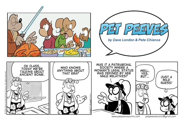 PetPeevesComic's tweet photo. Pet Peeves, March 8, 2026: Nylah marks #InternationalWomensDay the only way she knows how. #romans #women #feminism #comicstrip #humor https://t.co/Xe2dmKEYBa