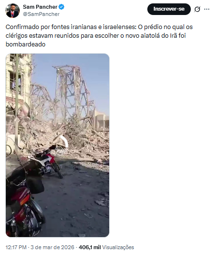 POR QUE NÃO SE DEVE SEGUIR QUALQUER UM QUANDO O ASSUNTO É GUERRA?

No dia 3 de março, o jornalista <a href="/SamPancher/">Sam Pancher</a> do <a href="/Metropoles/">Metrópoles</a> divulgou a informação de que "o prédio no qual os clérigos estavam reunidos para escolher o novo aiatolá do Irã foi bombardeado"

Era uma barrigada.