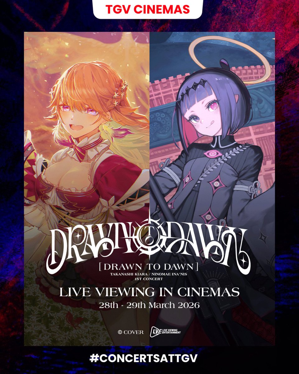 Drawn to Dawn is coming to the big screen! 🧡💜

Takanashi Kiara / Ninomae Ina’nis 1st Concert

“Drawn to Dawn” — Live Viewing in Cinemas

Broadcast live from LA to your nearest big screen, this first-ever dual-headliner concert brings Takanashi Kiara and Ninomae Ina’nis together