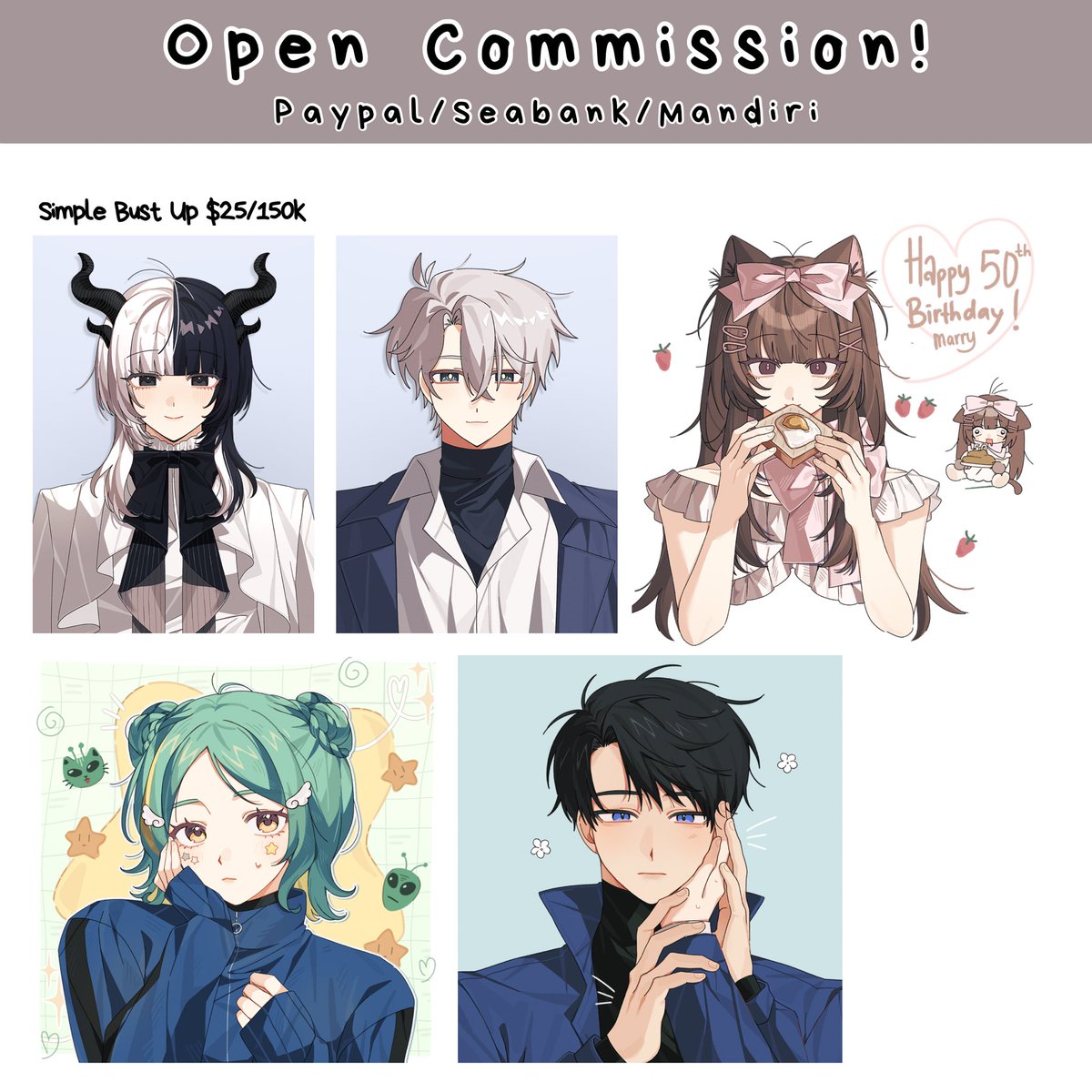 Ha11ro_'s tweet photo. ~COMMISSION ARE OPEN!~
Paypal/seabank/Mandiri

Aku mau buka komish lagi karna sebentar lagi lebaran yey!
I’ll take 2 slot for each category hehe😆

Don’t:
Mecha, Armored, Old ppl

#ArtCommission #artidn #zonakaryaID https://t.co/2cWdvSzE72