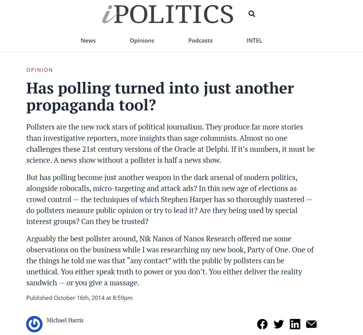 𝐏𝐨𝐥𝐥𝐢𝐧𝐠 𝐨𝐫 𝐏𝐫𝐨𝐩𝐚𝐠𝐚𝐧𝐝𝐚? 
𝐀 𝐖𝐚𝐫𝐧𝐢𝐧𝐠 𝐂𝐚𝐧𝐚𝐝𝐚 𝐇𝐞𝐚𝐫𝐝 𝐢𝐧 𝟐𝟎𝟏𝟒

Did you know that as far back as 2014, political observers in Canada were already warning that polling wasn’t always functioning as a neutral measure of public opinion, but could