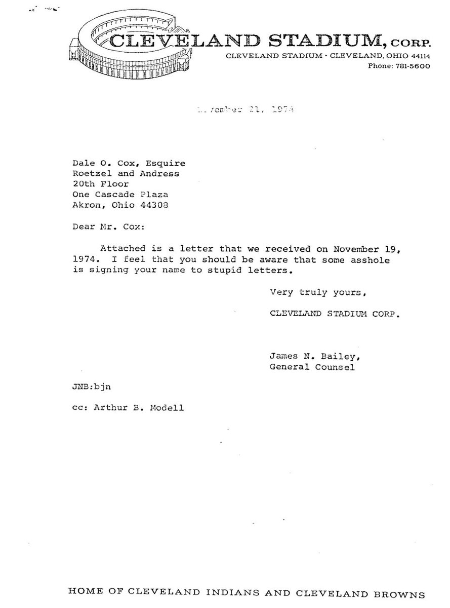 AllbrightNFL's tweet photo. In 1974, Dale Cox, a Browns season ticket holder, sent this complaint letter to the team.

Here also is the reply from the Browns General Counsel. https://t.co/d7KhEMw0TG